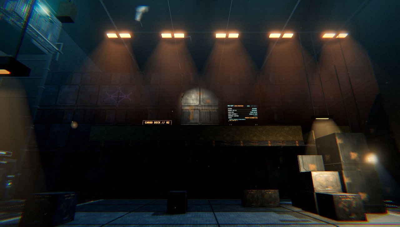 A tall cargo bay lit by a row of ceiling lamps, crates stacked to one side