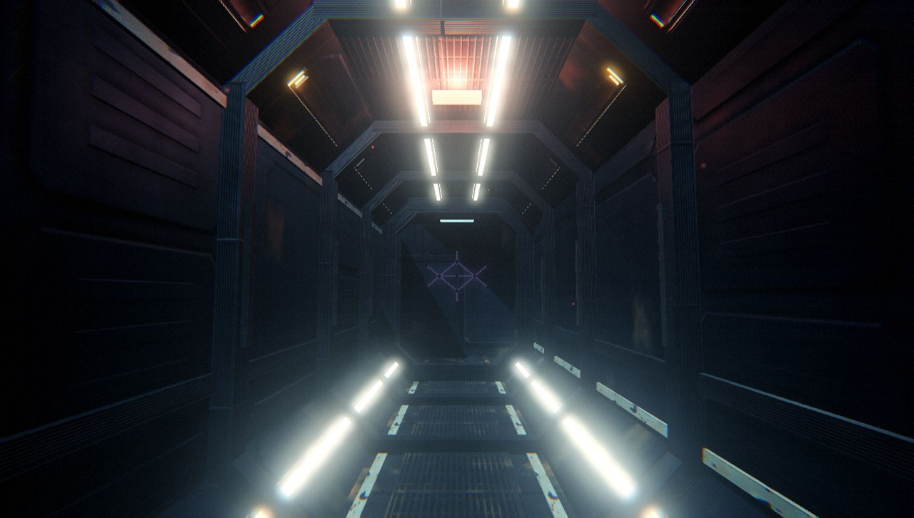 A lit entry corridor leading to MORROW's light-bar sigil