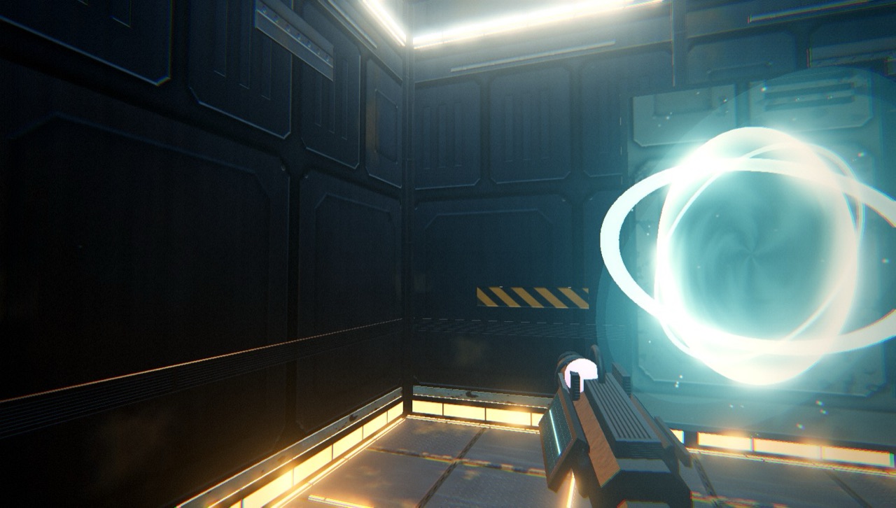 A swirling blue rift opened on a wall panel, the Rift Gun in the foreground