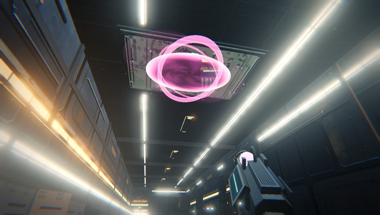 A purple rift opened on a ceiling panel above a lit corridor
