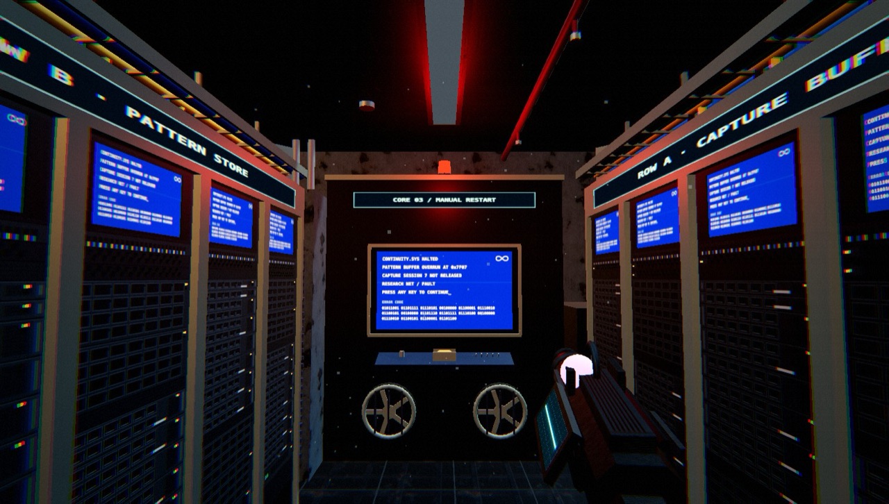 A narrow server hall with blue crash screens on the racks either side