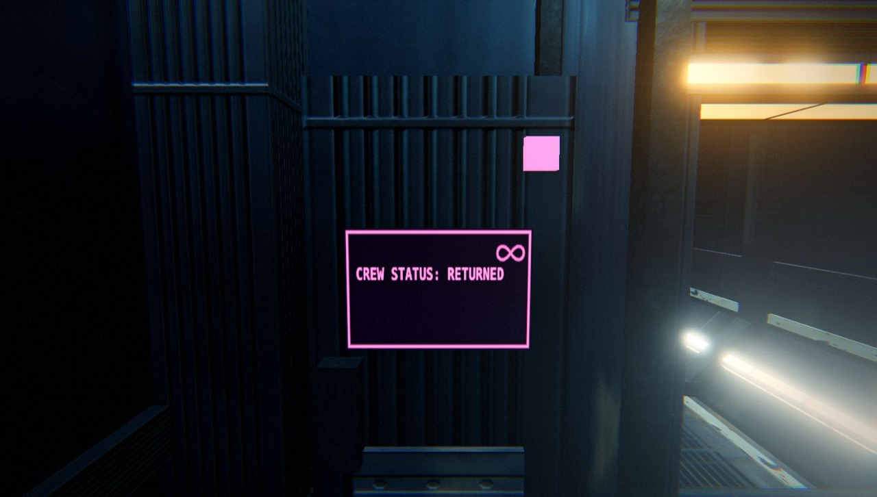 An airlock terminal glowing pink: CREW STATUS: RETURNED